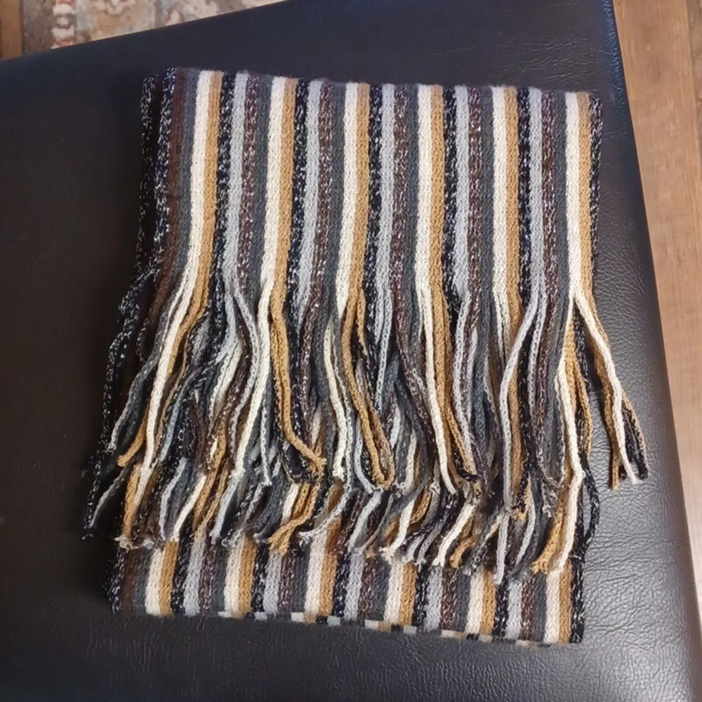 Cejon Earthtone Striped Scarf With Fringe And Sparkle